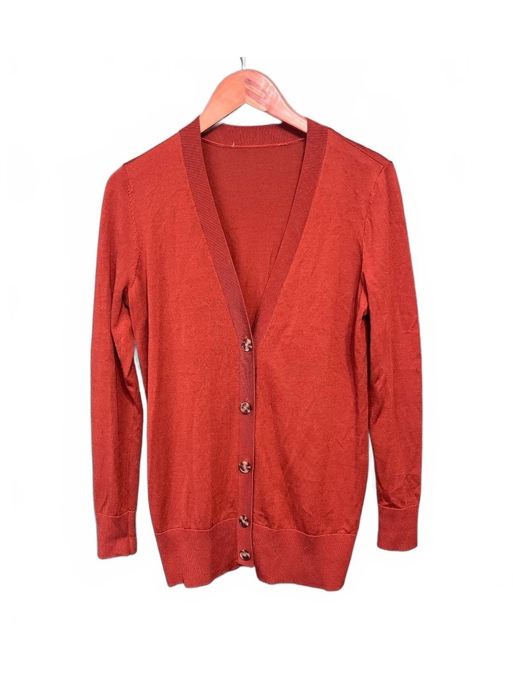 LOFT Rust Burnt Orange V-Neck Button Cardigan Sweater Ribbed Lightweight Knit S
